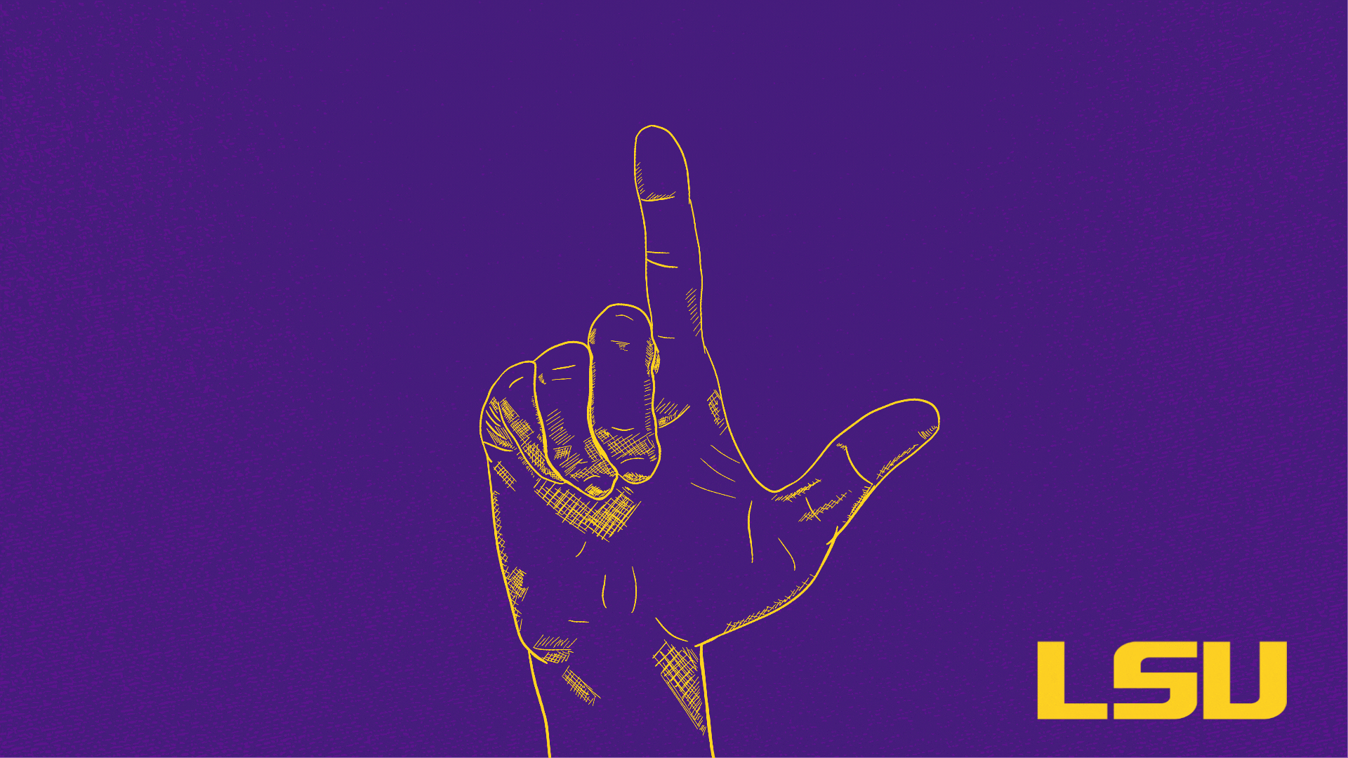 Animated GIF showing hand signing L-S-U in American Sign Language