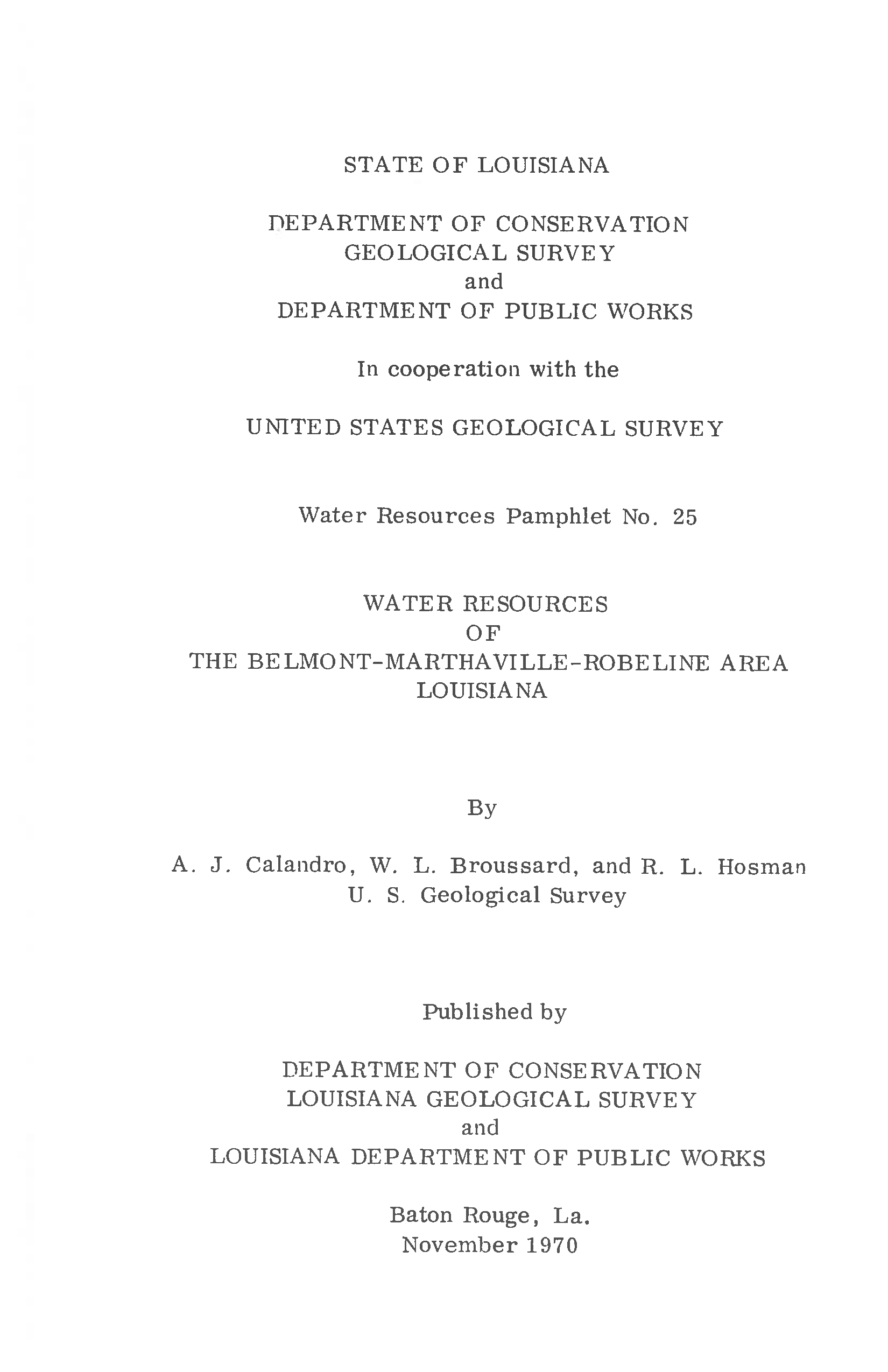 Water Resources of the Belmont-Marthaville-Robeline Area, Louisiana.