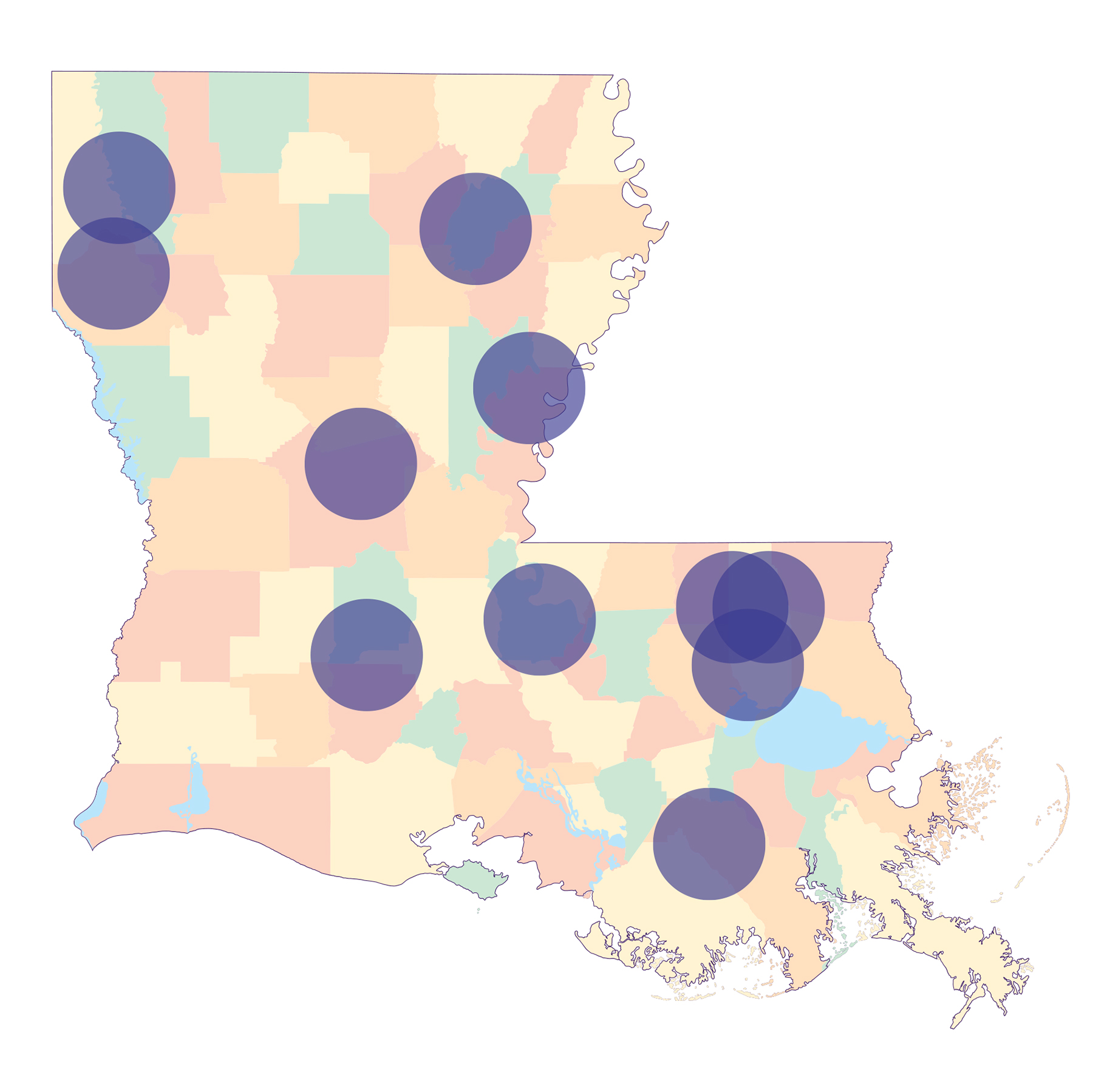 Map of rurally placed graduates of the LSU Health New Orleans' Rural Track Scholars program in dentistry. Map of rurally placed graduates of the LSU Health New Orleans' Rural Track Scholars program in dentistry.
